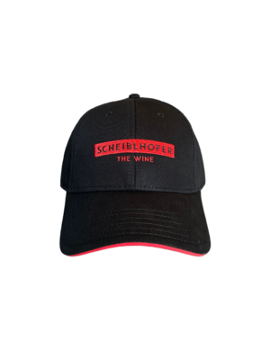Black cap with red Scheiblhofer The Wine lettering on the front and red accent on the brim.