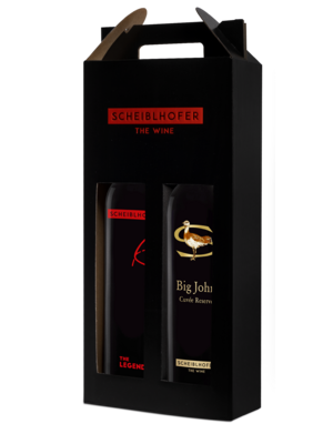 Two bottles of Scheiblhofer wine in a black cardboard box with carrying handle.
