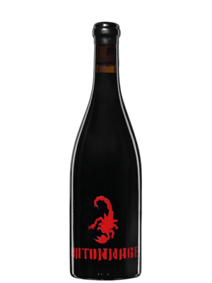 A dark wine bottle with a red scorpion graphic and bold red text on the label.