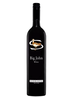 A bottle of Scheiblhofer Big John white wine with a bird and a capital S on the label.