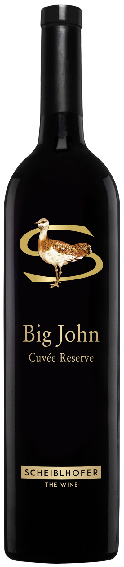 Eine dunkle Weinflasche mit der Aufschrift Big John Cuv&eacute;e Reserve und goldenem Text sowie einem goldenen Vogellogo.