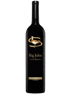 Eine dunkle Weinflasche mit der Aufschrift Big John Cuvée Reserve und goldenem Text sowie einem goldenen Vogellogo.