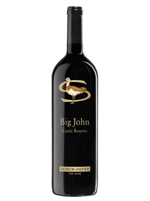 A bottle of Scheiblhofer Big John Cuvée Reserve red wine with golden lettering and a bird logo on the label.
