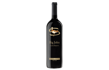 Eine Flasche Big John Cuvée Reserve Rotwein mit einem schwarz-goldenen Etikett.