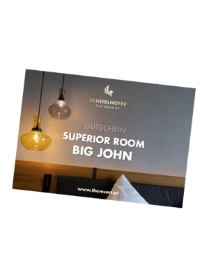 Gift voucher for a superior room Big John at Scheiblhofer The Resort, with hanging lamps and bed.
