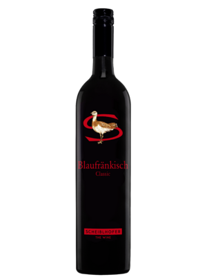 A bottle of Scheiblhofer Blaufränkisch Classic red wine with a bird and red text on the label.