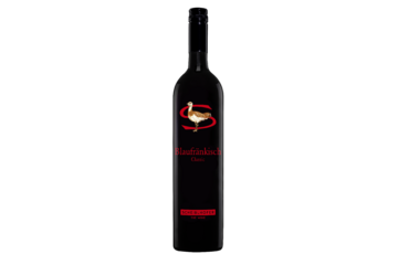 Eine Flasche Scheiblhofer Blaufränkisch Classic Rotwein mit einem Vogel und rotem Text auf dem Etikett.