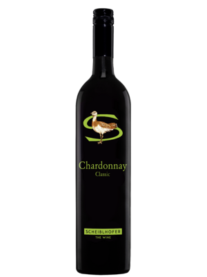A bottle of Scheiblhofer Chardonnay Classic wine with a bird on the label.