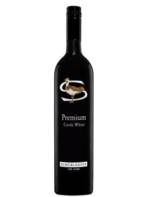 A dark wine bottle labeled Premium Cuvée White with a bird and the brand name Scheiblhofer.
