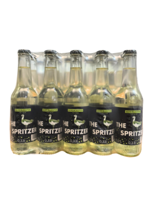 Six bottles of The Spritzer drink in transparent packaging with yellowish liquid and black labels.