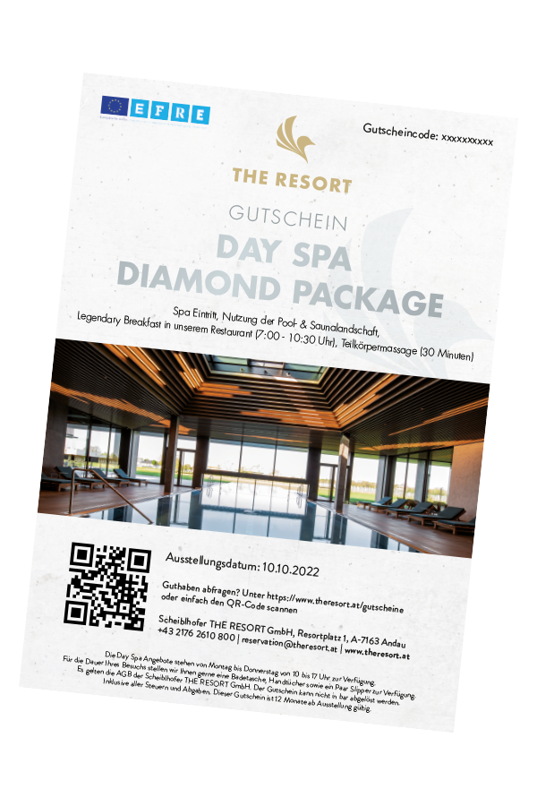Ein gedruckter deutscher Day-Spa-Geschenkgutschein für The Resort mit Paketdetails und einem QR-Code.