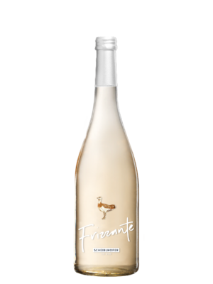 Clear wine bottle with the inscription Frizzante, a bird illustration and a silver cap.