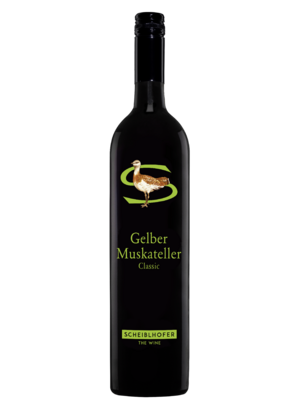 A dark wine bottle labeled Gelber Muskateller Classic with a picture of a duck and green text on the label.