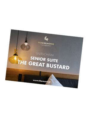 Gift voucher for Scheiblhofer The Resort, Senior Suite The Great Bustard, with modern lighting above a bed.