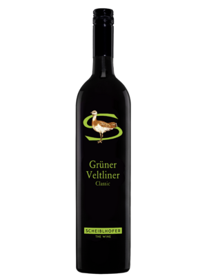 A bottle of Scheiblhofer Grüner Veltliner Classic with a bird and green text on the label.