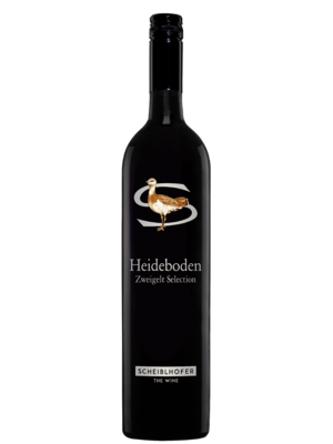 A dark wine bottle labeled Heideboden Zweigelt Selection, with a bird logo and the words Scheiblhofer.