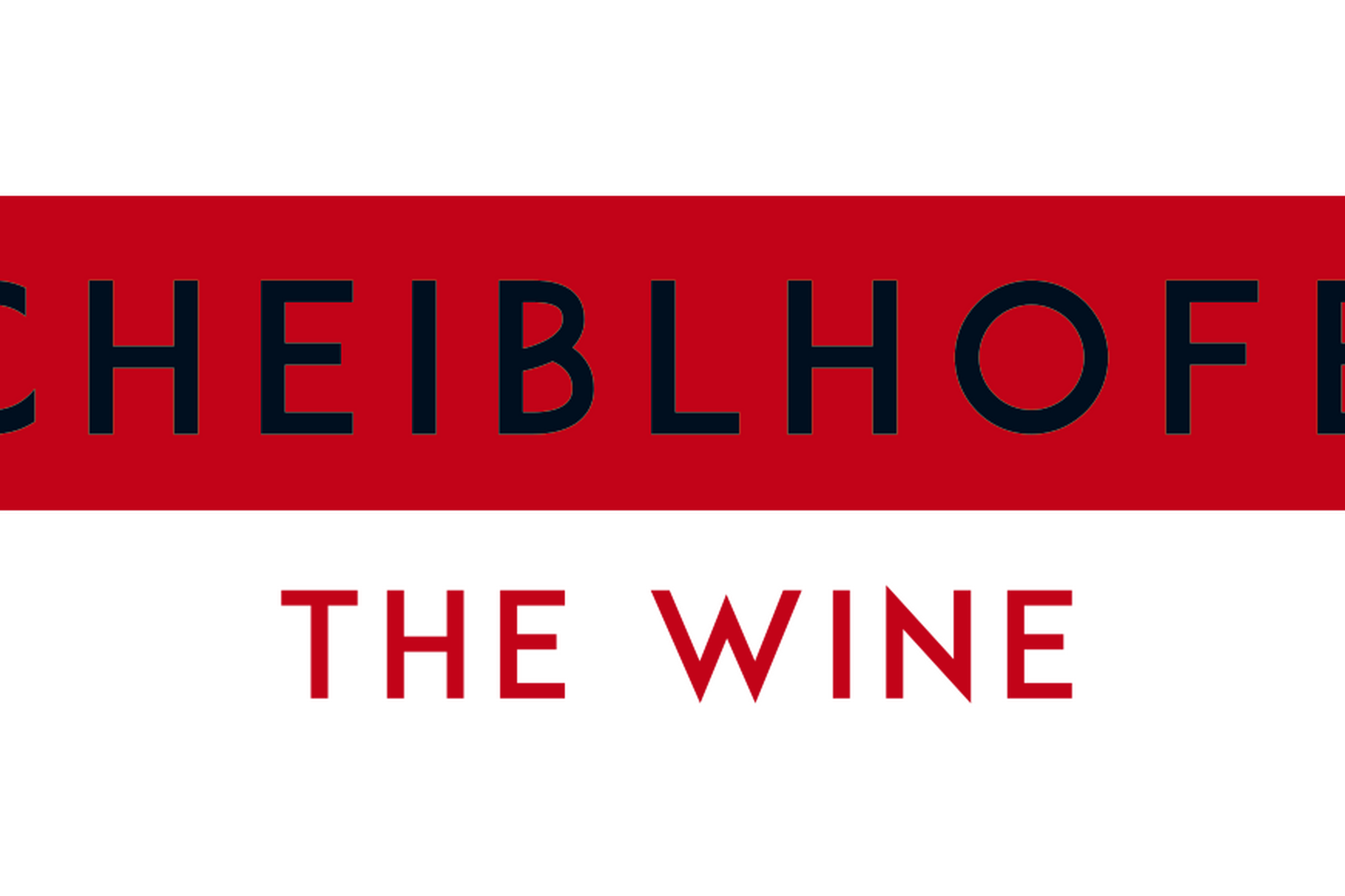 Logo mit dem Wort CHEIBLHOFER in dunklen Buchstaben auf rotem Hintergrund und darunter THE WINE in roter Schrift.