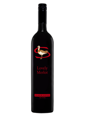 A bottle of Scheiblhofer Lovely Merlot wine with a bird and red text on the label.