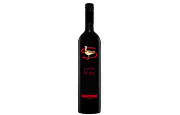 Eine dunkle Weinflasche mit der Aufschrift Lovely Merlot mit einem Entenlogo und roten Akzenten.