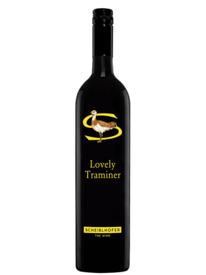 A black wine bottle with the inscription Lovely Traminer with a bird motif and yellow text on the front.