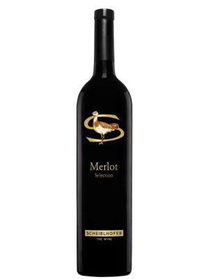 A bottle of Scheiblhofer Merlot Selection wine with a golden bird and an S on the label.