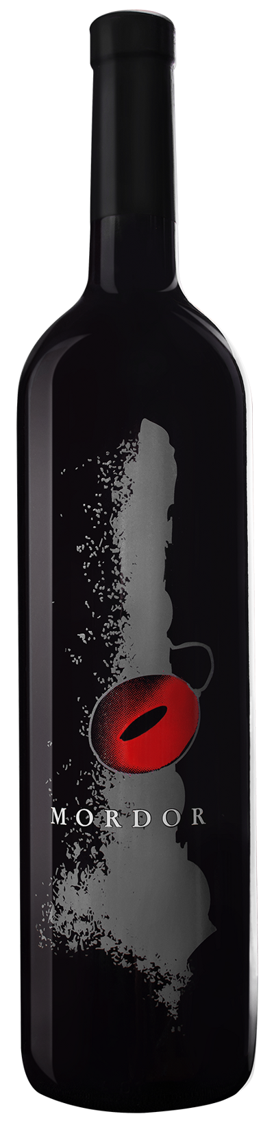 A dark wine bottle with a logo with red lips and the word MORDOR on the label.