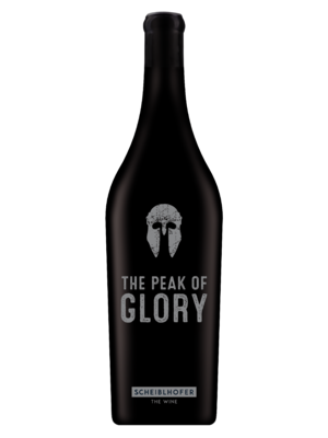 A black wine bottle with the inscription The Peak of Glory and a helmet logo and Scheiblhofer The Wine at the bottom.