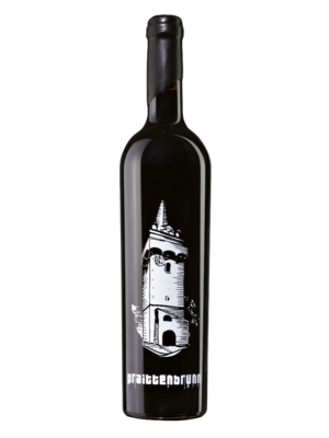 A wine bottle with a black label depicting a tower and white text at the bottom.