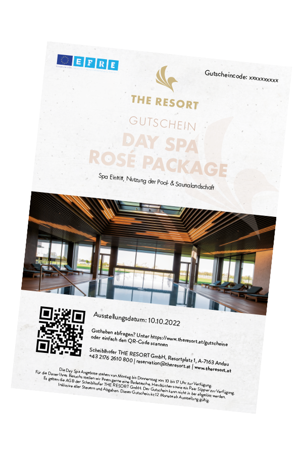 Ein Geschenkgutschein für das Day Spa Rose Package für das Resort, das einen modernen Innenpool und eine Saunalandschaft bietet.