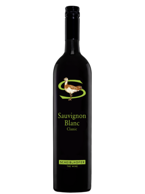 A dark wine bottle labeled Sauvignon Blanc Classic with a bird and green text on the front.