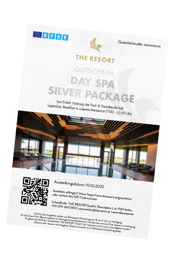 Day Spa Silver Package-Gutschein mit einem modernen Spa-Interieurbild, QR-Code und Angebotsdetails.