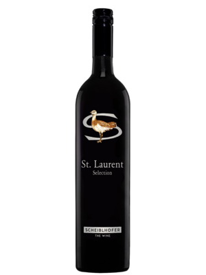 A bottle of Scheiblhofer St. Laurent Selection red wine with a bird on the label.