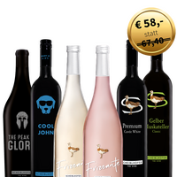 Six bottles of wine, including dark, white and rosé varieties, with a golden price tag of €58 above them.