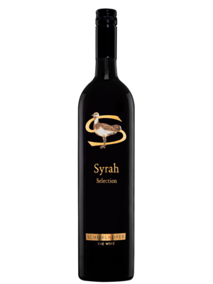 A dark wine bottle labeled Syrah Selection with a bird graphic and gold text on a black background.