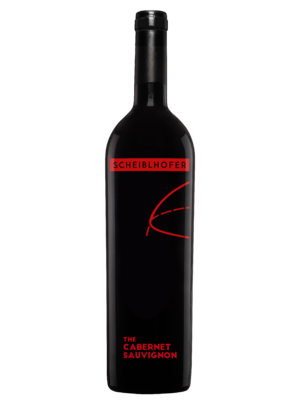 Dark wine bottle with the inscription Scheiblhofer The Cabernet Sauvignon with minimal red text and design on black.