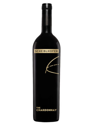 A black wine bottle labeled Scheiblhofer The Chardonnay with golden accents and a minimalist design.