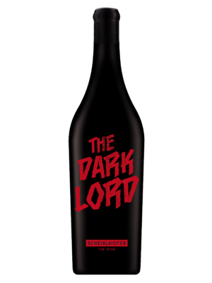 A black wine bottle with the inscription The Dark Lord in bold red letters and Scheiblhofer The Wine underneath.