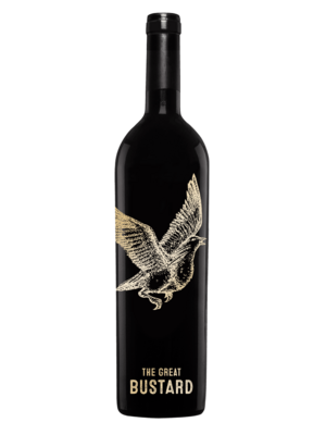 A black wine bottle with the inscription The Great Bustard and the golden image of a flying bird.