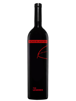 A dark wine bottle labeled Scheiblhofer The Legends with minimalist red text and design.