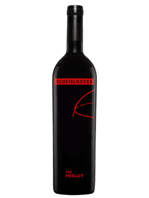 A dark wine bottle labeled Scheiblhofer The Merlot with minimalist red text and design on a black background.