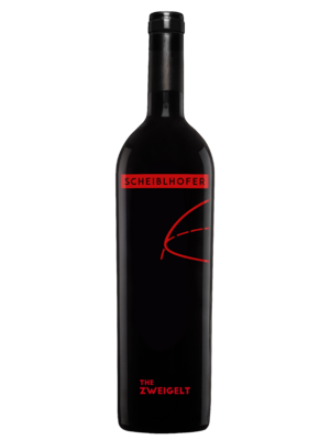 A dark wine bottle labeled Scheiblhofer The Zweigelt with minimalist red text and lines.