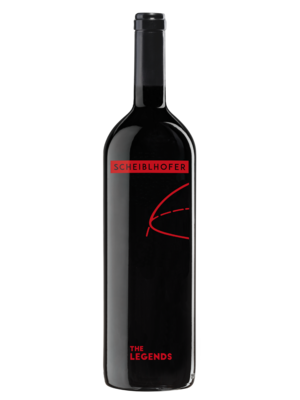 A dark wine bottle with the inscription Scheiblhofer The Legends with red, minimalist text and design.