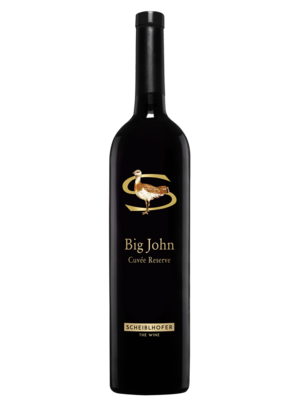A bottle of Scheiblhofer Big John Cuvée Reserve red wine with a golden bird logo on the label.