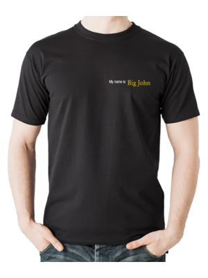 Man wearing a black T-shirt with the text: My name is Big John on the upper left side of his chest.