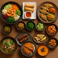Verschiedene asiatische Gerichte, darunter Garnelen, Knödel, Nudeln, Reis und Gemüse, die auf einem Holztisch angerichtet sind.