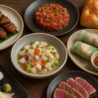 A selection of Asian dishes, including sushi, spring rolls, skewers, ceviche and seared tuna on plates.